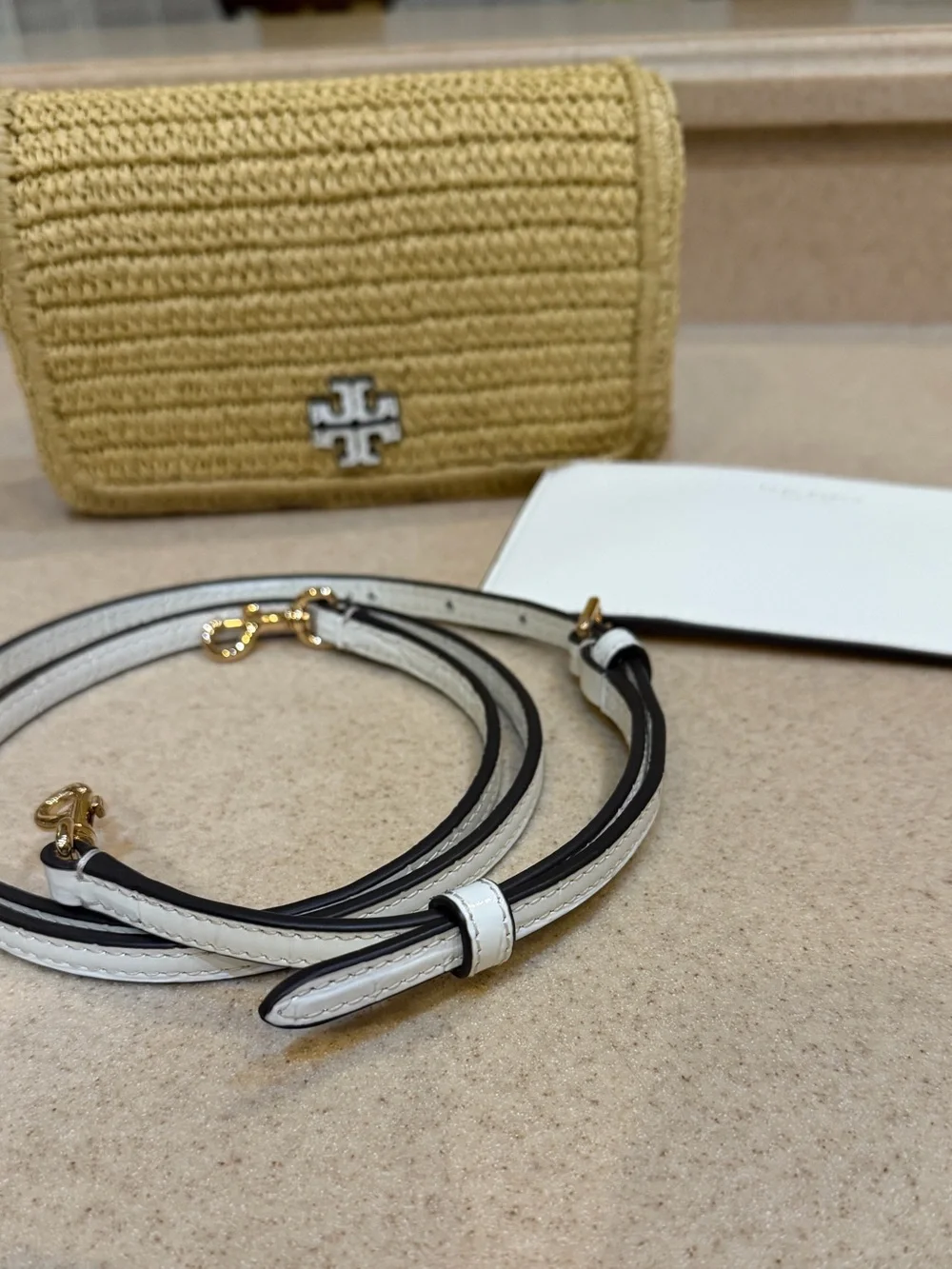 Tory Burch Thea Raffia/Ice Crystal Flat Wallet Crossbody With Detachable Strap